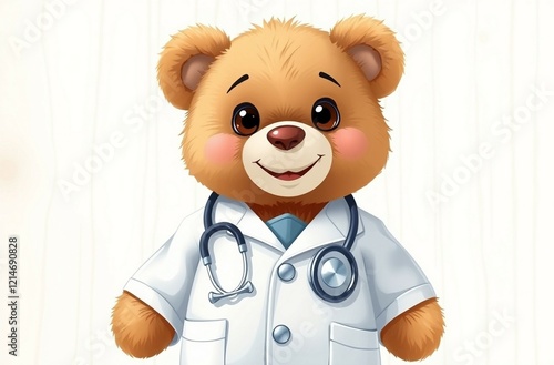 Teddy bear doctor with a stethoscope in a fuzzy setting.
