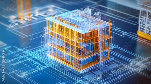 digital construction building information modeling bim concept with 3d model and blueprints vector illustration