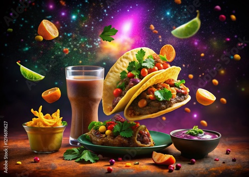 Surreal Floating Mexican Food: Tacos, Mole, Churros, on a Clean Background photo