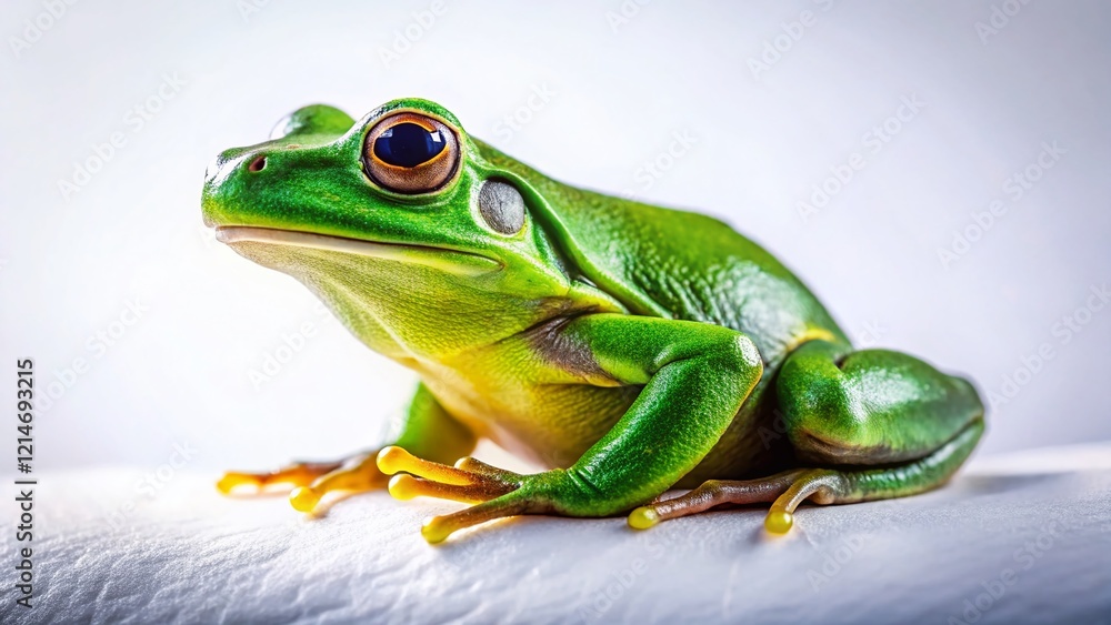Surreal Green Frog on White: Whimsical Amphibian Photography Surreal Green Frog on White: Whimsical Amphibian Photography