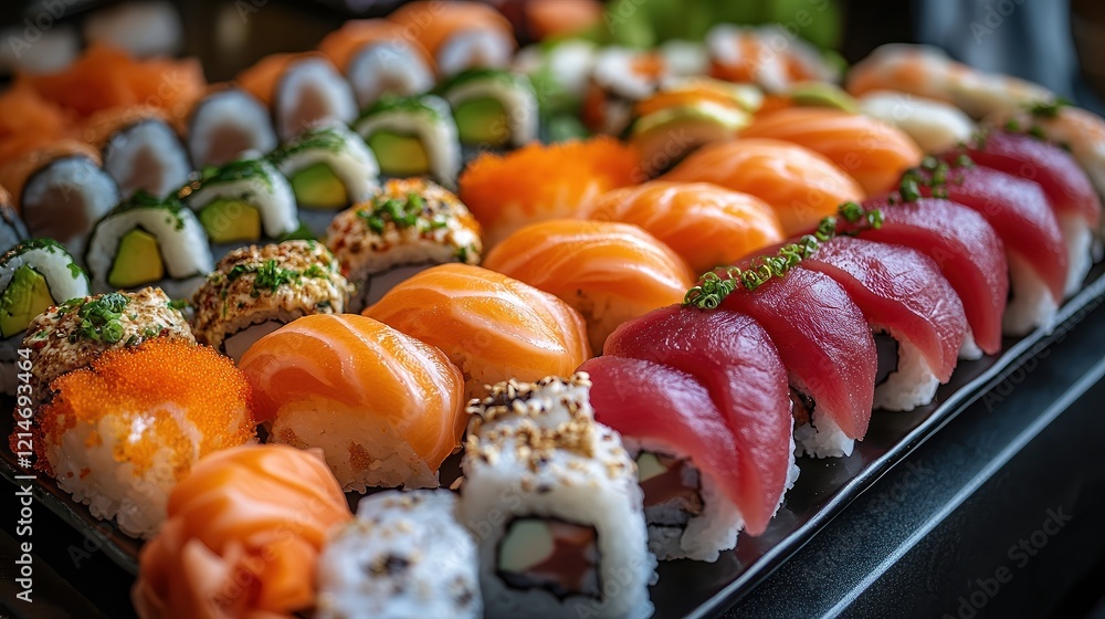 Assorted sushi rolls arranged on black platter featuring vibrant toppings. Salmon, tuna, avocado, and sesame highlight traditional Japanese cuisine in colorful, fresh presentation. Assorted sushi rolls arranged on black platter featuring vibrant toppings. Salmon, tuna, avocado, and sesame highlight traditional Japanese cuisine in colorful, fresh presentation.
