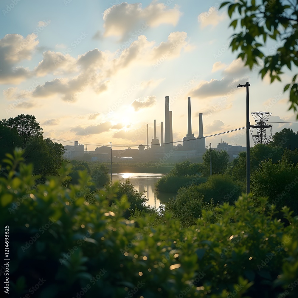 Obraz premium Tranquil Industrial Setting in Soft Natural Light Surrounded by Lush Greenery