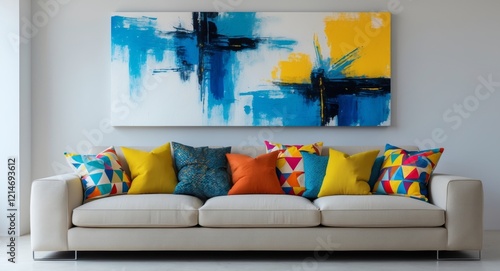 Modern living room with a stylish sofa adorned with colorful pillows and abstract art. photo