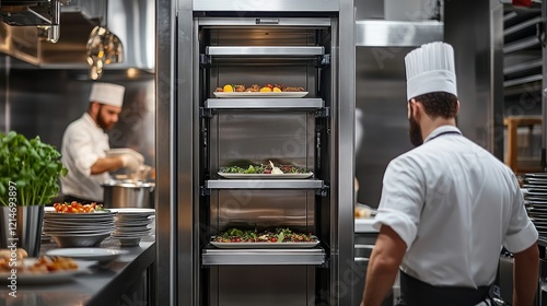  Industrial dumbwaiter in a restaurant kitchen with open shelves holding plated meals, set in a bustling environment with chefs actively preparing dishes for dining area delivery.