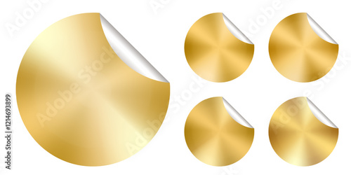 Gold sticker round label price tag. Golden holographic prize vector icon. Gradient glitter plate folded edge. Promo bonus seal stamp. New offer 3d mark foil badge. Premium paper texture circle shape