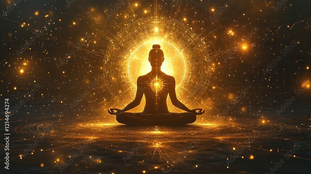 Yogi meditating cross-legged, surrounded by sacred geometry, glowing mandalas, and golden light patterns, symbolizing higher consciousness and spiritual awakening. Yogi meditating cross-legged, surrounded by sacred geometry, glowing mandalas, and golden light patterns, symbolizing higher consciousness and spiritual awakening.