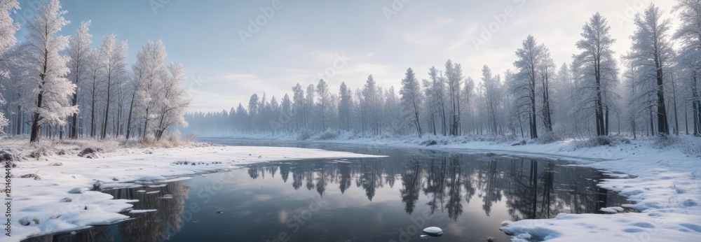 Fototapeta premium Frosty winter landscape with snow-covered trees and a frozen lake, frosty landscape, wintry scene, snowy woods