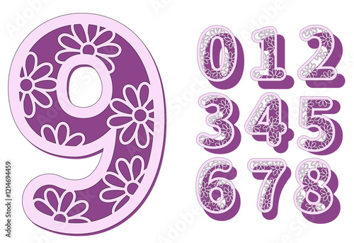 Decorative numbers 0-9 cake topper with flowers, Birthday decoration, Layered papercut design