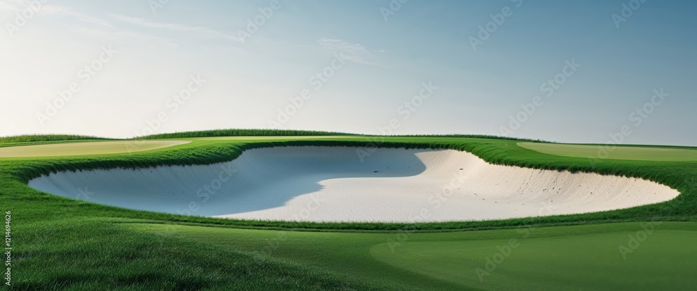 Golf course sand pit bunker surrounded by lush green grass creating a serene and challenging aesthetic for competitive play and beauty. Golf course sand pit bunker surrounded by lush green grass creating a serene and challenging aesthetic for competitive play and beauty.