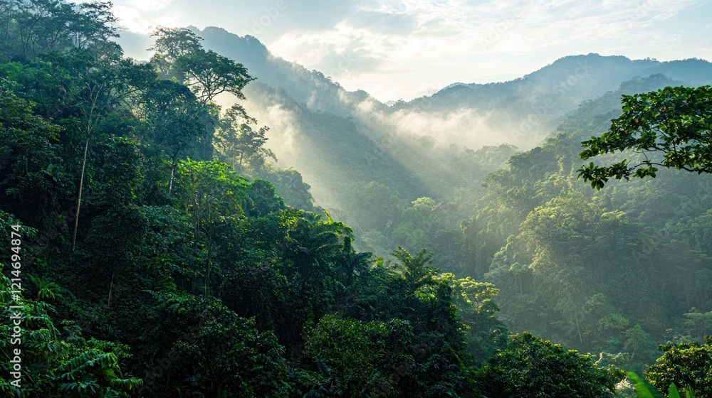 Obraz premium A dense green mountain forest with towering trees and sunlight filtering through the leaves.