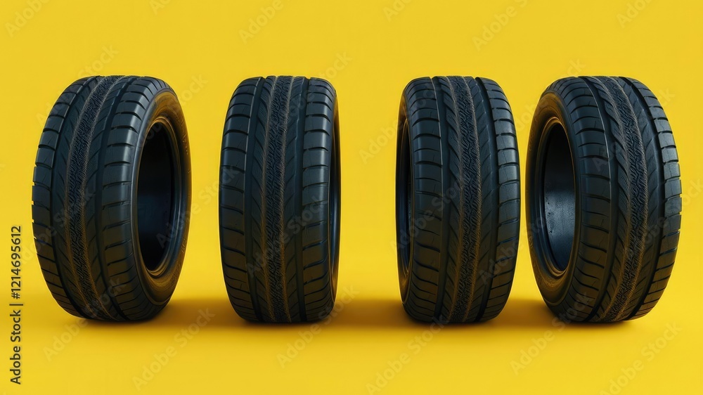 Four tires standing upright on a yellow background with worn rubber surfaces and visible tire treads, tire, wheels Four tires standing upright on a yellow background with worn rubber surfaces and visible tire treads, tire, wheels