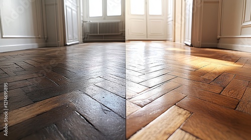 Wallpaper Mural  Restored parquet floor illuminated by sunlight highlighting the sharp contrast between aged and polished sections, capturing renovation work, precision, and detailed craftsmanship. Torontodigital.ca