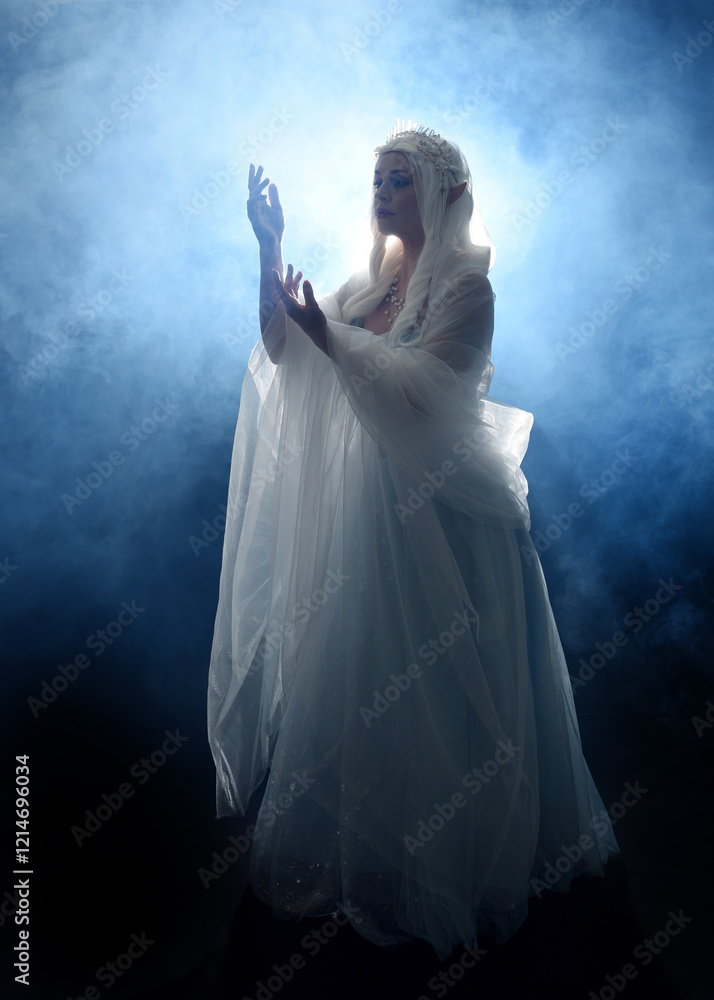 full length portrait beautiful blonde fantasy maiden faery wearing medieval fairytale ballgown costume, veiled white cape. standing pose isolated dark studio background with spooky smoke fog effect full length portrait beautiful blonde fantasy maiden faery wearing medieval fairytale ballgown costume, veiled white cape. standing pose isolated dark studio background with spooky smoke fog effect
