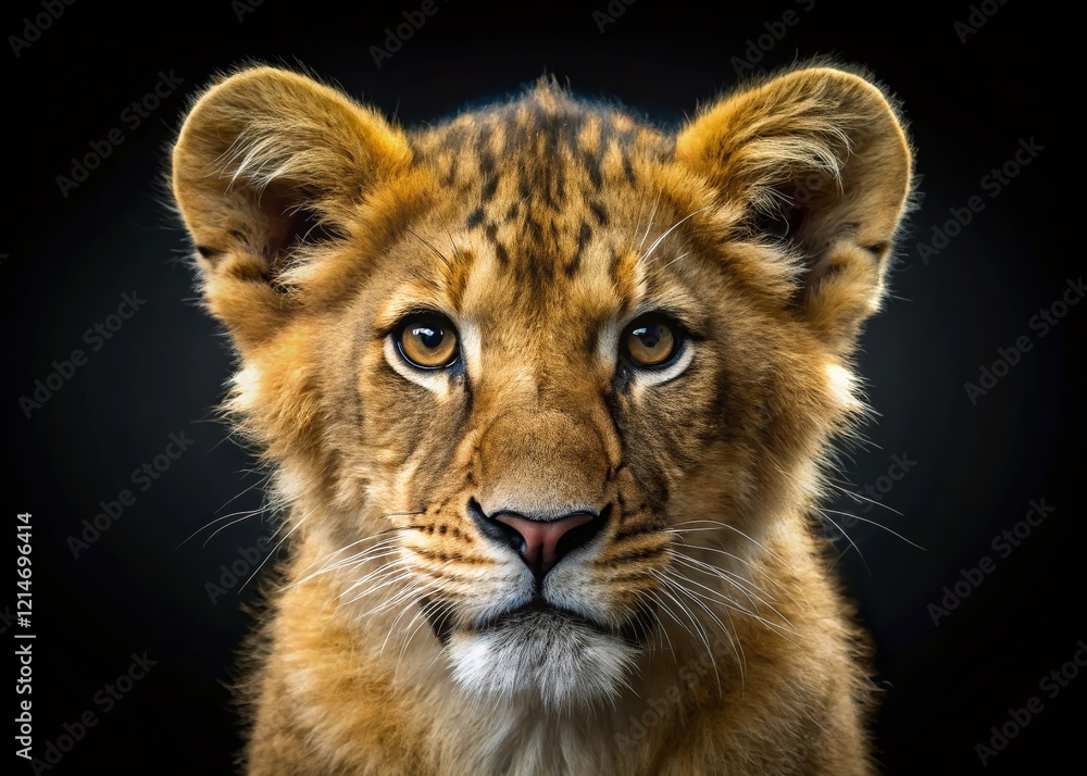 Fototapeta premium Adorable Lion Cub Portrait: Close-Up Face on Black Background - Wildlife Stock Photo
