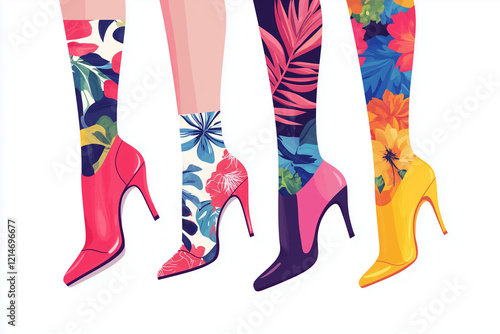 Shoe, boots, footwear. Women, female, girls shoes. Feet, legs walking in elegant closed toe high heel shoes pump and colored print socks. Fashion style shoe . Color Isolated flat vector illustration photo