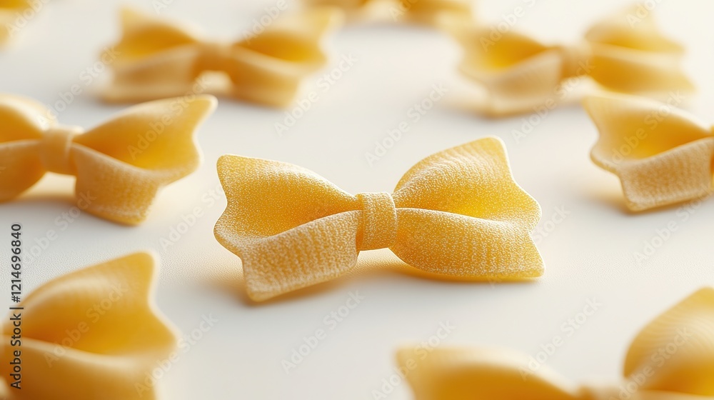 Close-up of scattered farfalle pasta, each bow-tie shape distinct and perfectly formed, their natural wheat tones crisp and striking against a stark white background. Close-up of scattered farfalle pasta, each bow-tie shape distinct and perfectly formed, their natural wheat tones crisp and striking against a stark white background.