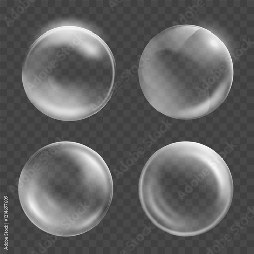 Soap bubbles or glass spheres. Mockup isolated on transparent background. Vector template.