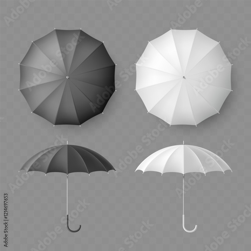 White and black umbrella mockups. Top and side views. Isolated on transparent background. Vector template