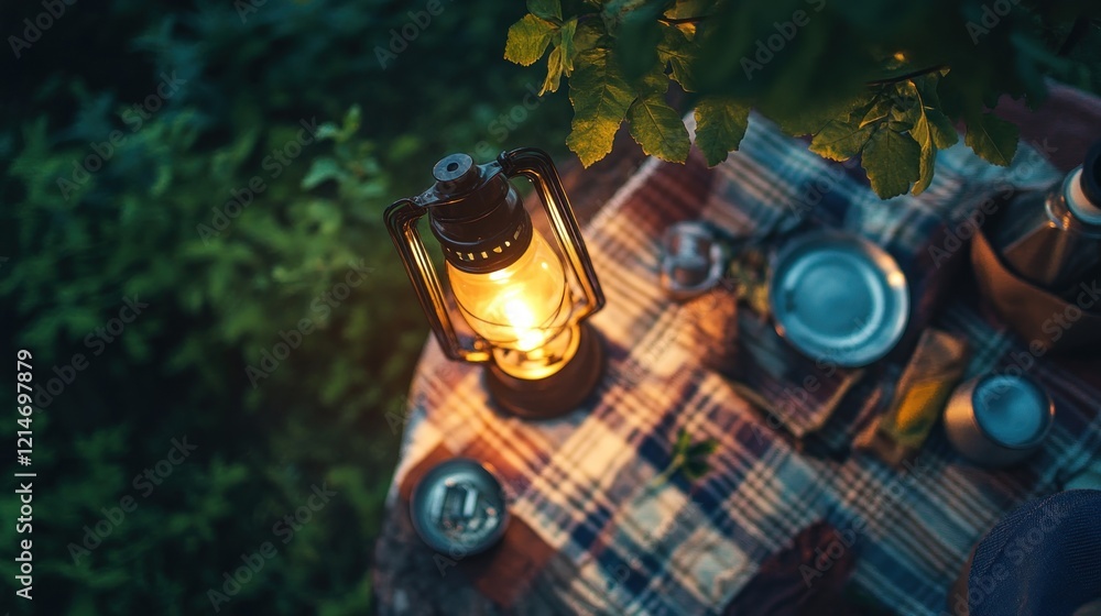 Evening camping lantern illuminates picnic Evening camping lantern illuminates picnic