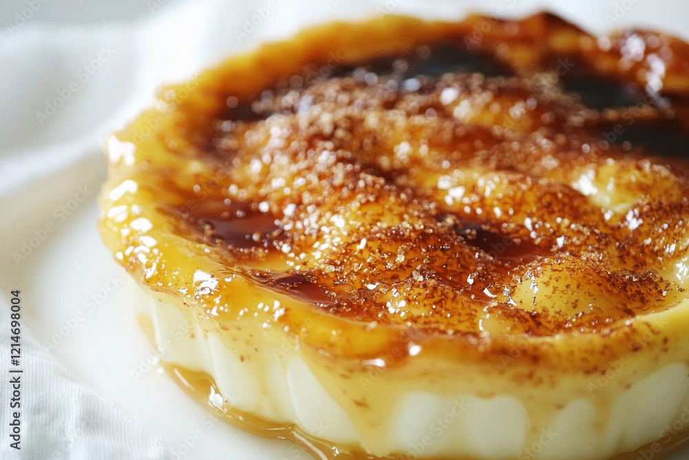 Indulgent caramelized creme brulee with a golden sugar crust on a clean backdrop Indulgent caramelized creme brulee with a golden sugar crust on a clean backdrop