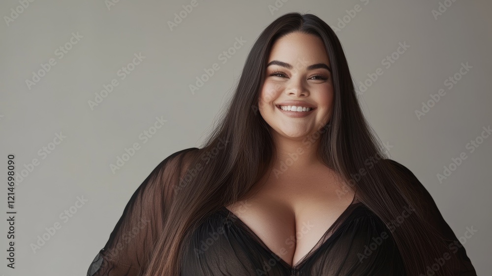 Naklejka premium Confident woman with long dark hair and vibrant smile, wearing a black sheer top against a neutral background.