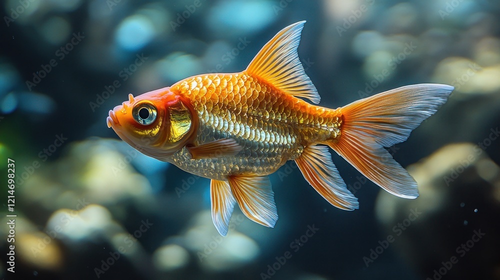 Golden yellow fish underwater away near the rocks view from right side Golden yellow fish underwater away near the rocks view from right side