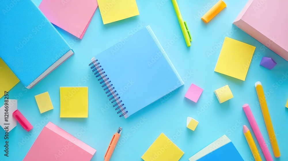 A colorful array of sticky notes scattered across a desk, with a notebook and highlighter pens nearby A colorful array of sticky notes scattered across a desk, with a notebook and highlighter pens nearby