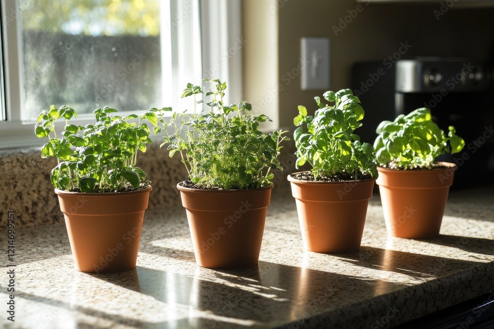 A group of small potted plants sit on a counter, waiting to be tended A group of small potted plants sit on a counter, waiting to be tended