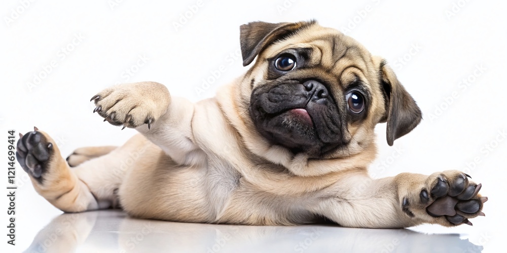 Obraz premium Adorable Pug Puppy Playfully Waiting for Belly Rubs - Minimalist White Background Stock Photo