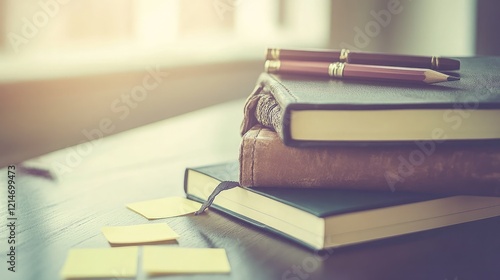 A desk setup featuring a notebook, sticky notes, and a pencil case in a bright, natural light setting photo