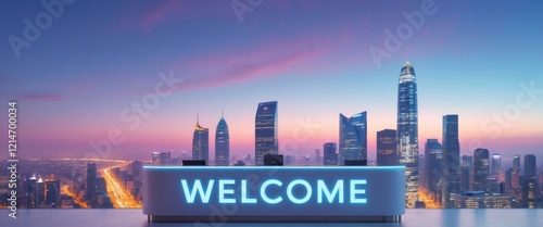 Elegant reception desk with glowing welcome sign and panoramic cityscape in the background at dusk. photo