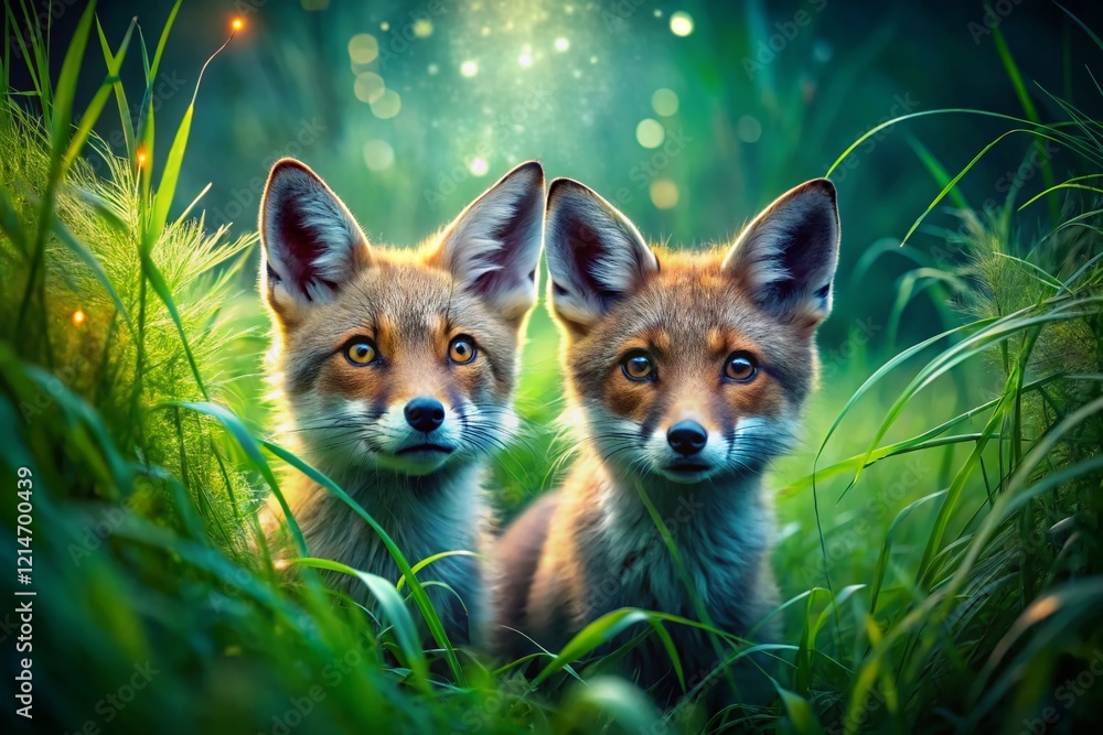 Obraz premium Surreal Red Foxes Peeking from Lush Green Grass - Whimsical Wildlife Stock Photo