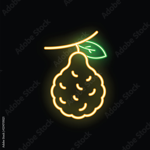 Glowing neon illustration of a citron fruit hanging from a branch with a single leaf, on black background