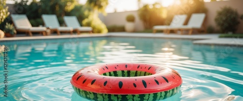 Floating Watermelon Pool Ring in Clear Turquoise Water Representing Summer Fun and Relaxation in a Vibrant Poolside Setting. photo