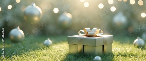 Gift box on grass with natural sunlight background festive decoration for celebration and special occasions with space for text