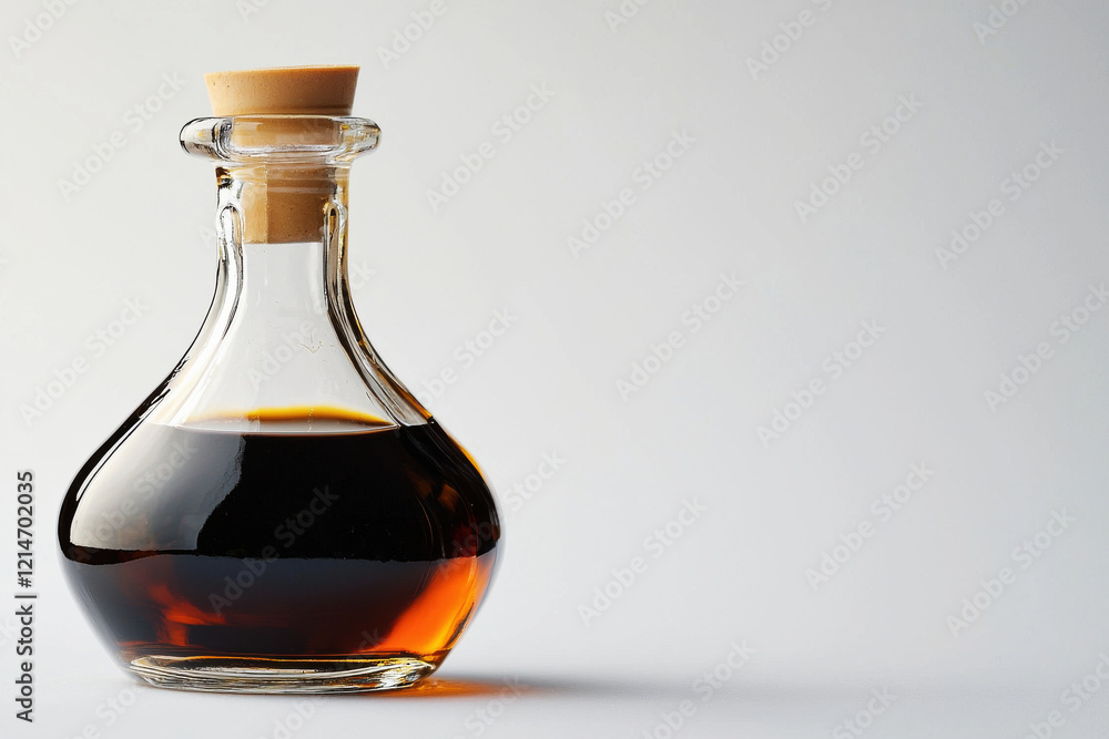Elegant clear bottle of balsamic vinegar reflecting light against a clean white background Elegant clear bottle of balsamic vinegar reflecting light against a clean white background
