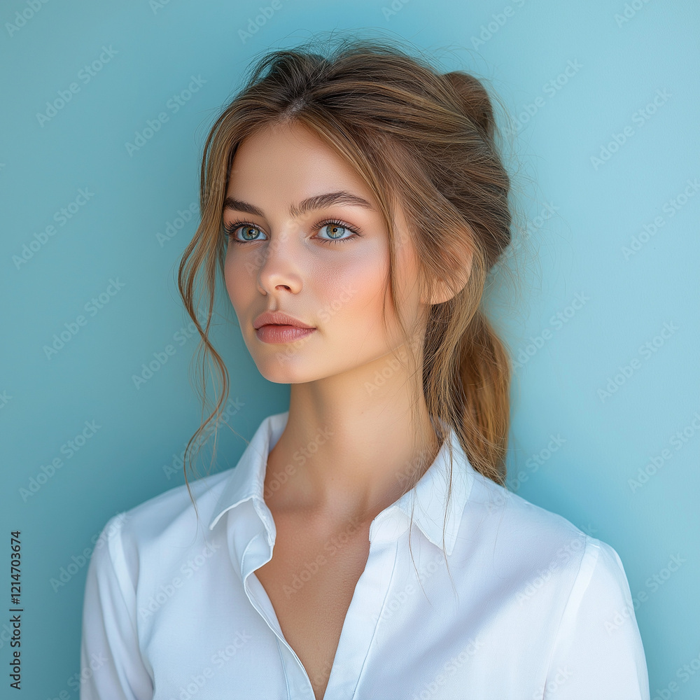Beauty woman Turn sideways for skin care and cosmetics concept White shirt on blue background Beauty woman Turn sideways for skin care and cosmetics concept White shirt on blue background