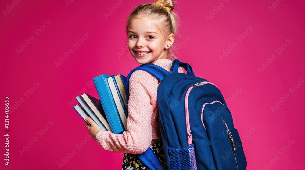 A young girl carrying a backpack and holding some books, possibly heading to school or on an adventure A young girl carrying a backpack and holding some books, possibly heading to school or on an adventure