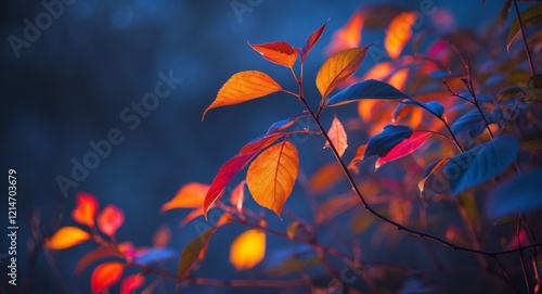 Colorful leaves illuminated by soft glowing lights create a magical atmosphere in the evening photo