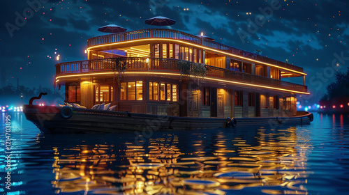 A majestic wooden houseboat with beautifully etched panels and a spacious upper deck furnished with plush chairs and tables, floating serenely on a river under the glow of colorful city lights. photo