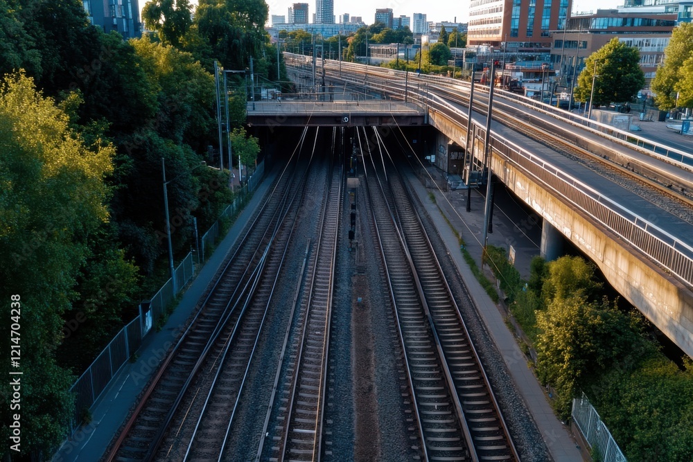 Naklejka premium A captivating view of railway tracks flanked by greenery, juxtaposing urban infrastructure against a backdrop of nature, highlighting the blend of city and greenery.