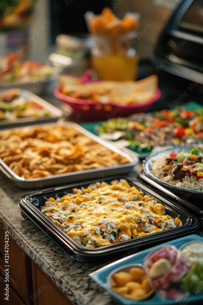 A buffet with various dishes and drinks on display A buffet with various dishes and drinks on display