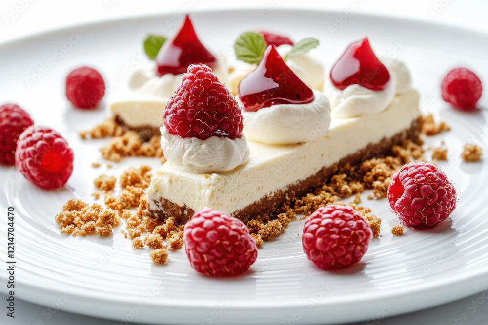 Deconstructed cheesecake with fresh raspberries and cream cheese on a white plate for an elegant dessert presentation Deconstructed cheesecake with fresh raspberries and cream cheese on a white plate for an elegant dessert presentation