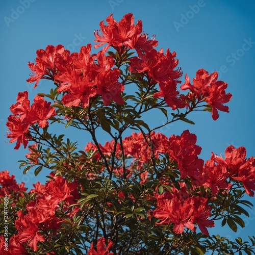 A vibrant red azalea bush in full bloom on a clean sky-blue background. photo