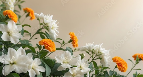 Elegant Floral Border of White Jasmine and Orange Marigold Flowers with Green Leaves on Beige Background