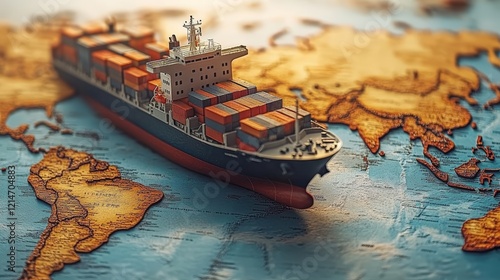 Detailed view of a model container ship positioned on a beautifully textured world map, symbolizing global trade and maritime logistics photo