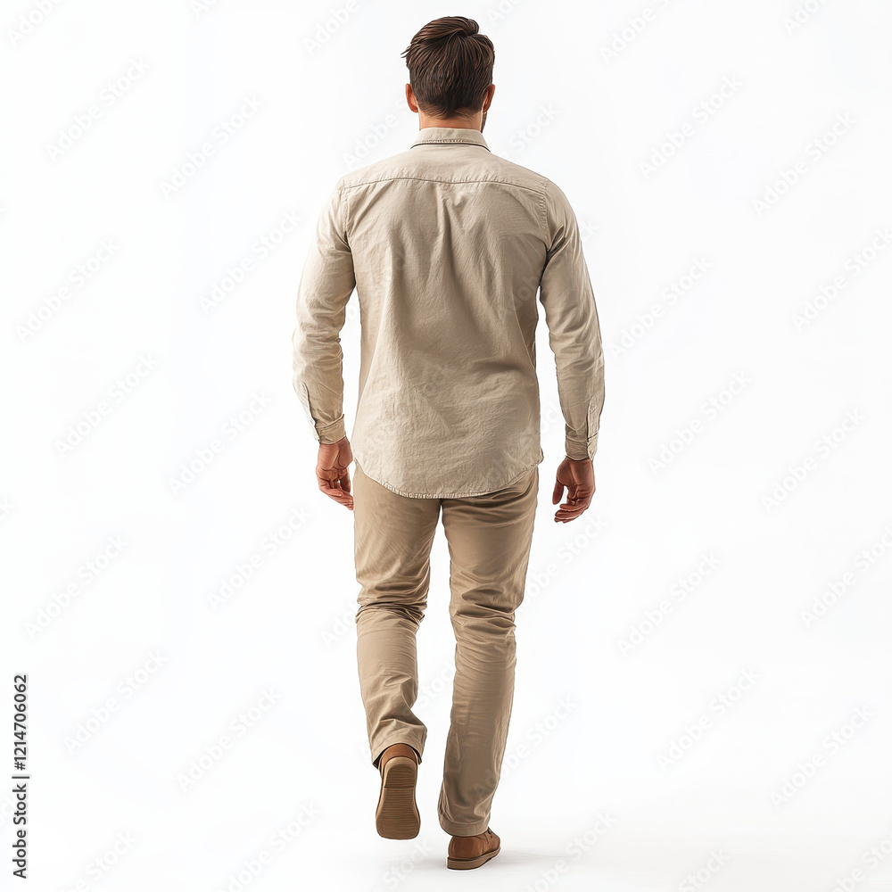 Fototapeta premium Man walking away in casual beige attire on a plain white background