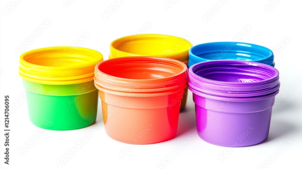 A vibrant array of colorful pots set against a clean white backdrop. These sturdy containers promise creativity and fun for artists and kids alike. Generative AI. A vibrant array of colorful pots set against a clean white backdrop. These sturdy containers promise creativity and fun for artists and kids alike. Generative AI.