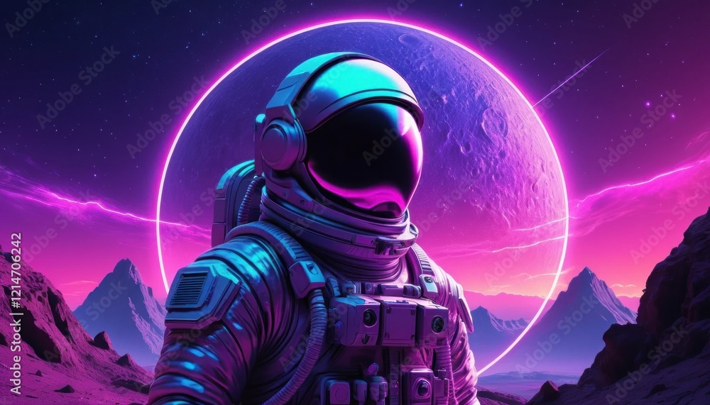 Astronaut in surreal space with a glowing planet and a purple landscape Astronaut in surreal space with a glowing planet and a purple landscape