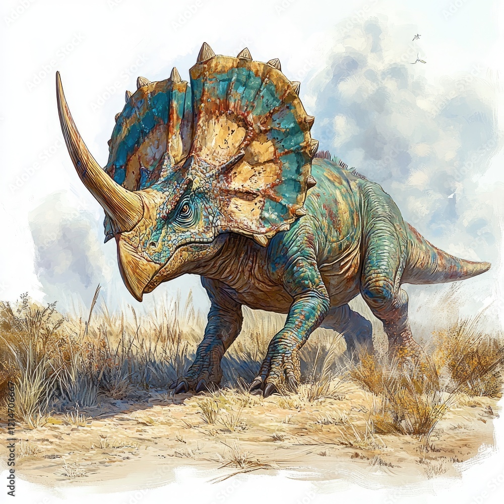 Fototapeta premium Prehistoric herbivore dinosaur, walking plains, cloudy sky, paleontological illustration, educational use